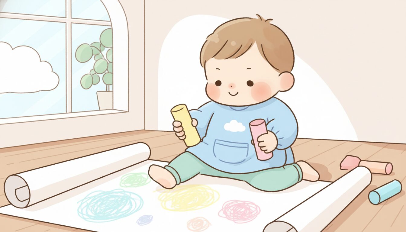 床に広げた大きな白い紙にクレヨンでのびのびとお絵かきをする1歳半くらいの子ども