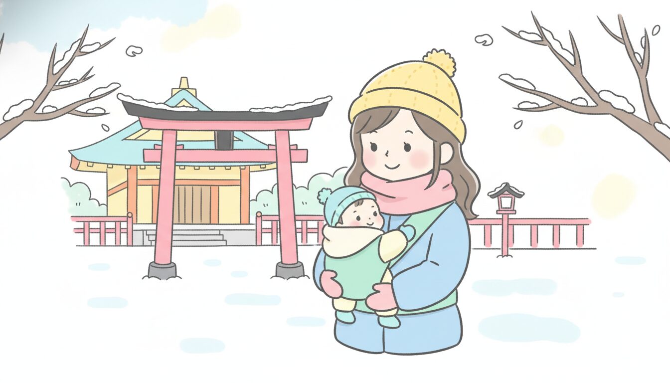 冬の神社の境内で、防寒着を着た赤ちゃんを抱っこ紐で抱える母親の優しい笑顔