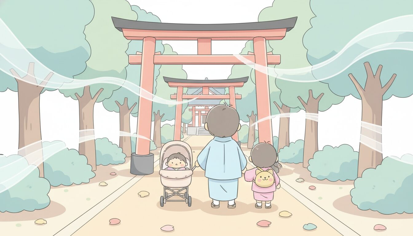 早朝の澄んだ空気の中、人が少ない神社の参道をベビーカーを押して歩く親子のうしろ姿