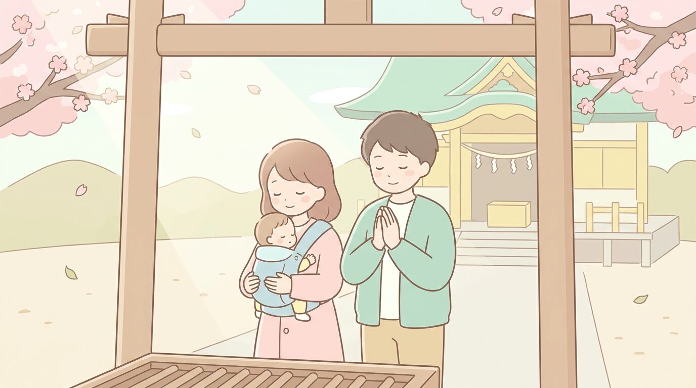 抱っこ紐で赤ちゃんを抱え、空いている時間帯の神社で静かに手を合わせる若い夫婦