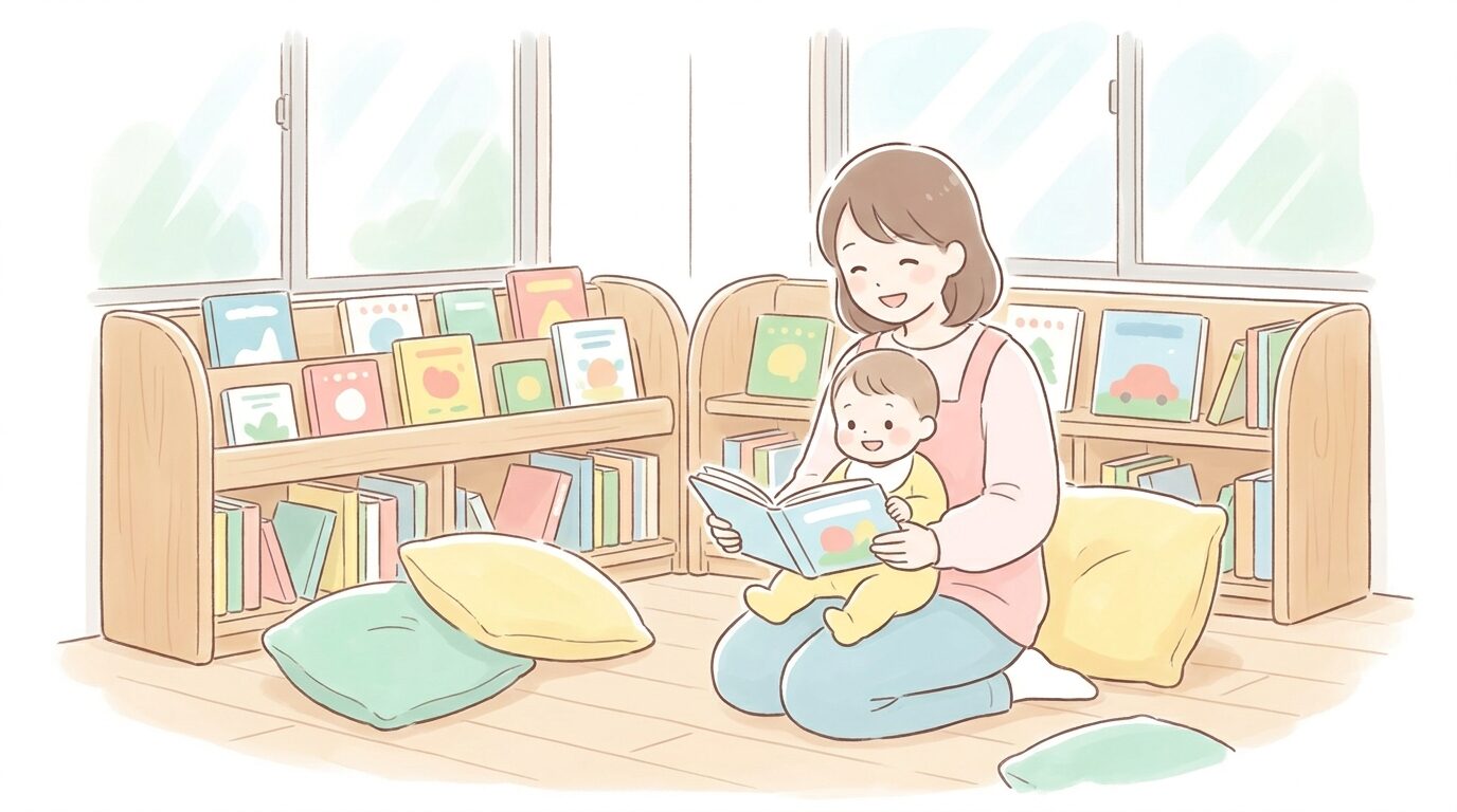 図書館の児童書コーナーで赤ちゃんを抱っこしながら絵本を選ぶ笑顔の母親、明るく柔らかい雰囲気