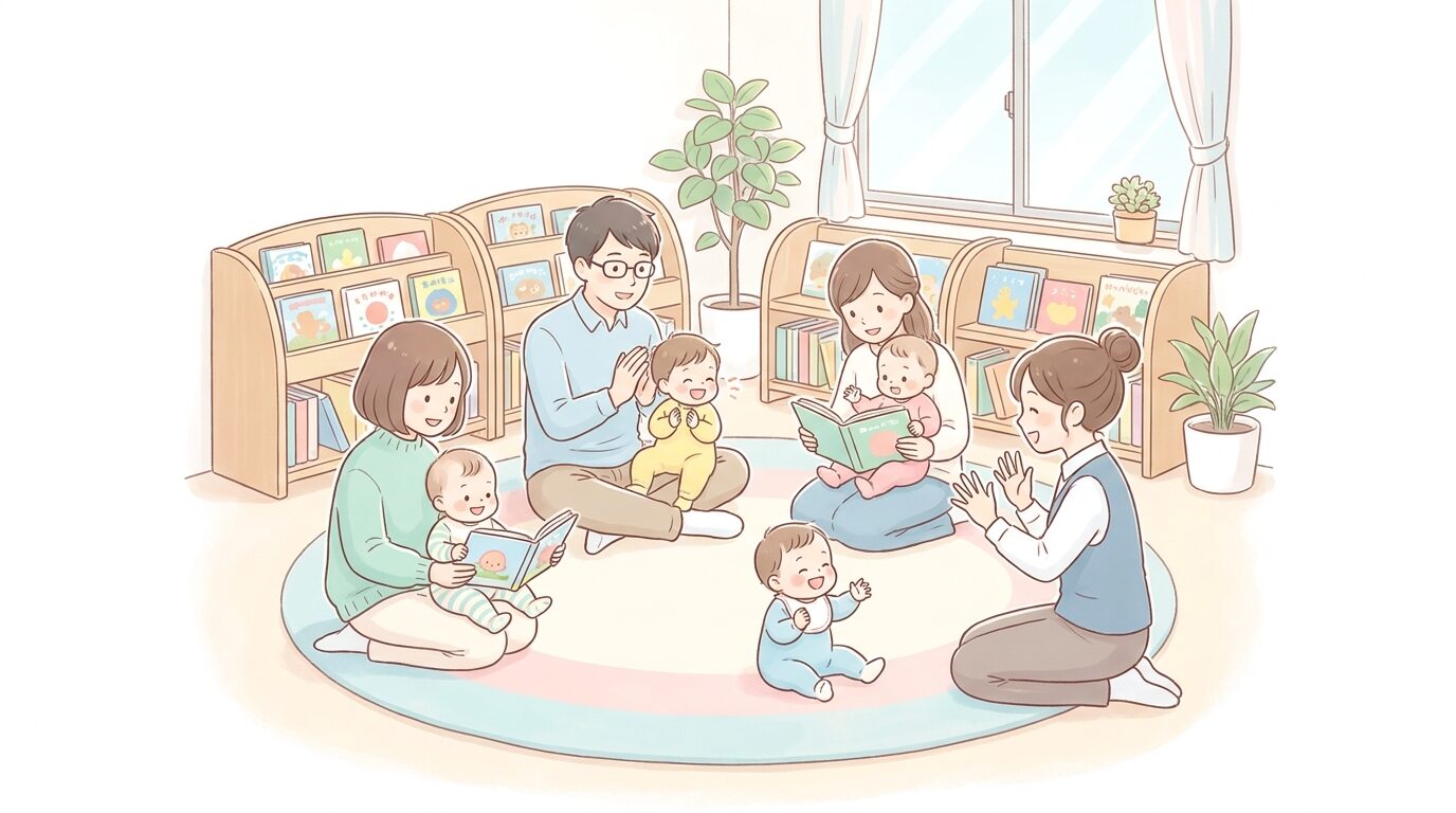図書館の赤ちゃんタイムで床に座り、複数の親子が一緒に絵本やわらべうたを楽しむ和やかな様子