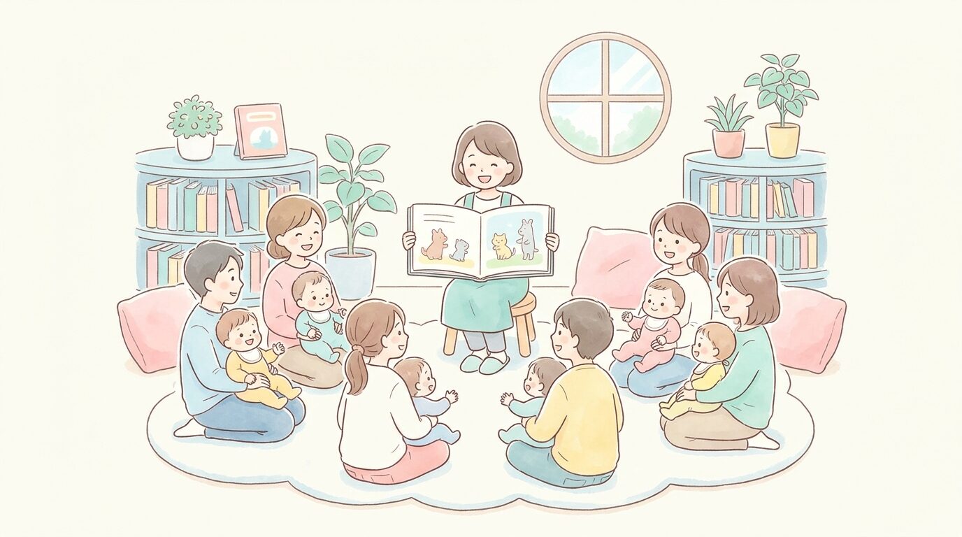 おはなし会で図書館員が大型絵本を読み聞かせし、赤ちゃんを膝に乗せた保護者たちが見入っている温かい場面