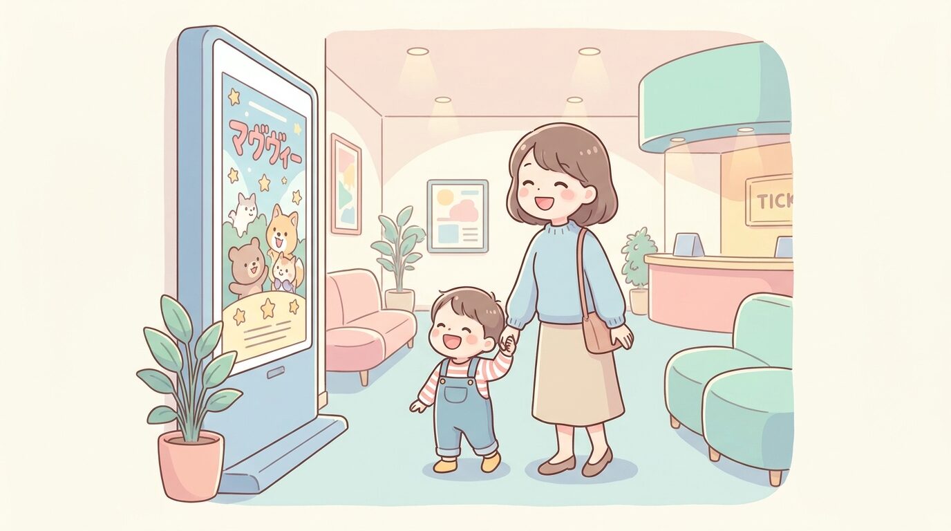 映画館のロビーで大きなポスターを見上げて笑顔を見せる2〜3歳の子どもと付き添う母親