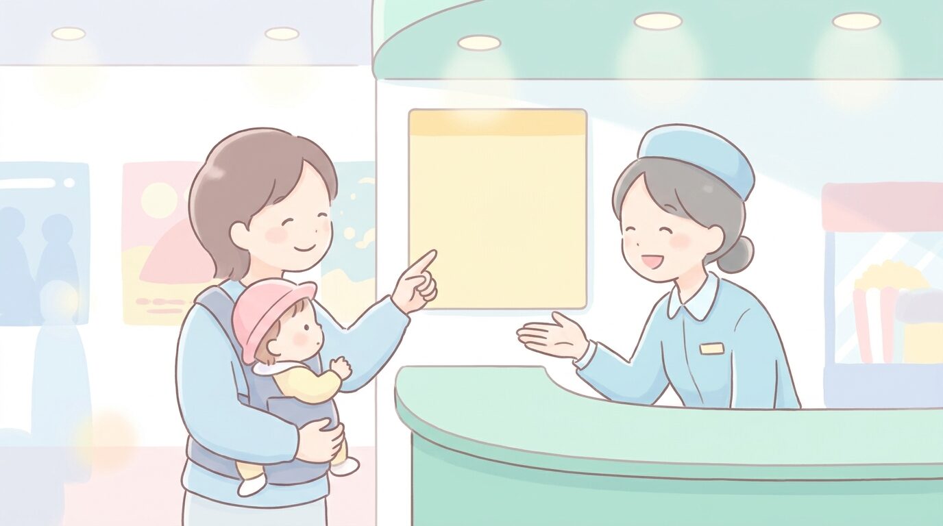 映画館のチケットカウンターで料金表を見ながらスタッフに質問する子連れの保護者
