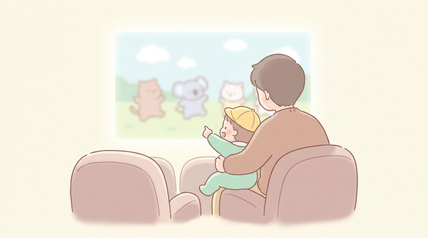 スクリーンを楽しそうに指差す幼児と一緒に座って見守る父親の後ろ姿