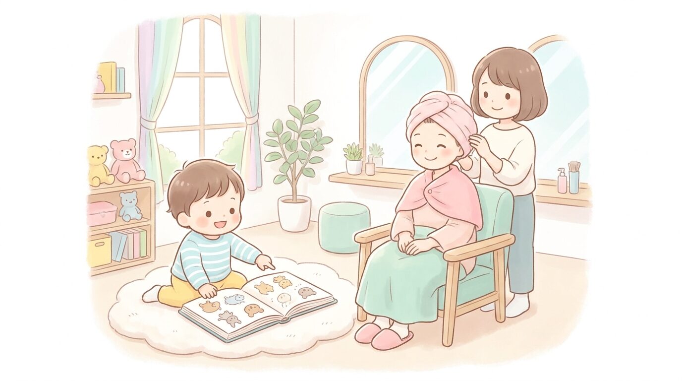 明るい美容院のキッズスペースで絵本を広げて遊ぶ2歳くらいの子どもと、近くで施術を受ける笑顔のママ