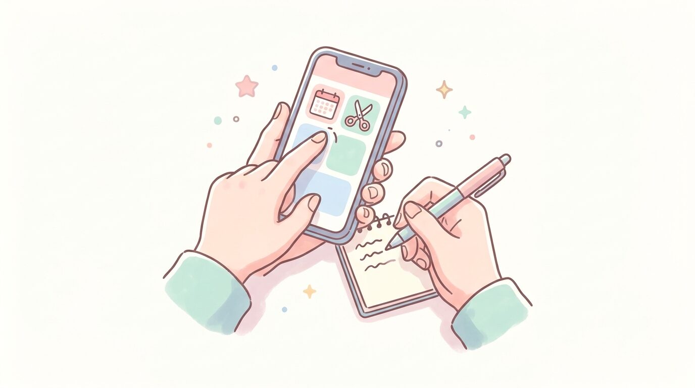 スマートフォンで美容院の予約サイトを操作しながらメモを取る母親の手元
