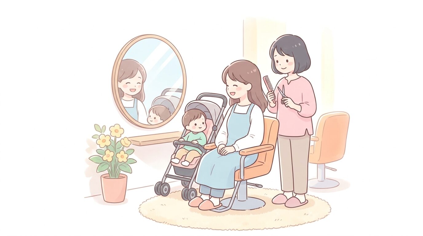カット中に鏡越しで子どもに微笑みかける母親と、それを優しく見守る美容師