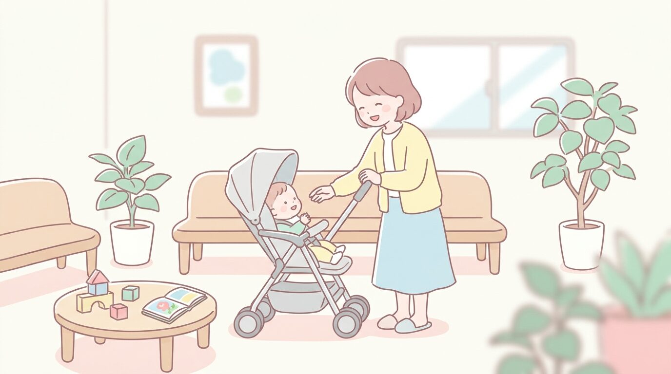 歯科医院の明るい待合室でベビーカーの赤ちゃんに笑顔で話しかける30代の母親
