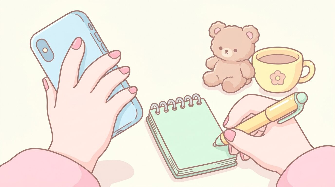 スマートフォンで歯科医院に電話予約をしながらメモを取る女性の手元