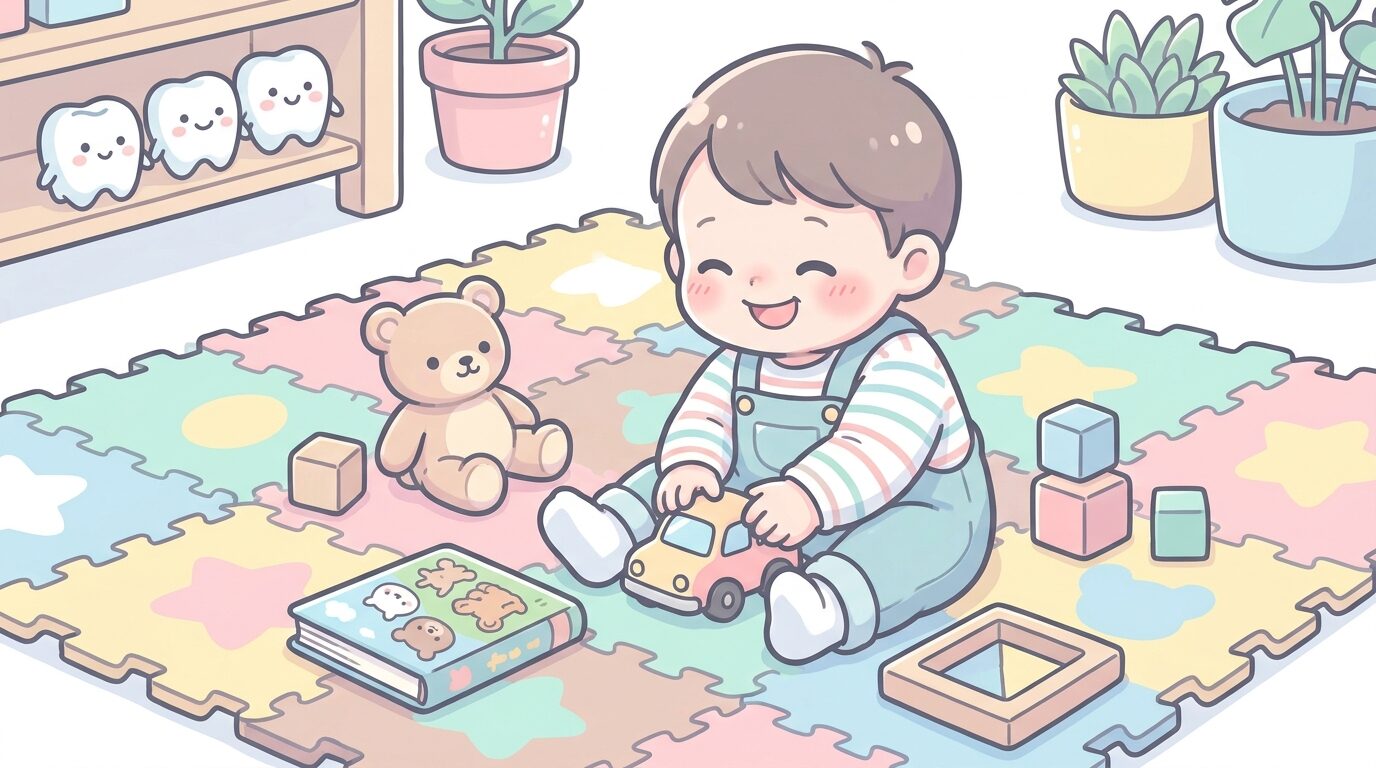 キッズスペースのカラフルなマットの上で絵本やおもちゃで遊ぶ2歳くらいの子ども