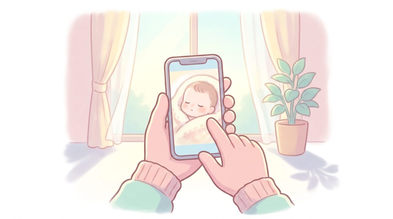 窓際の自然光の中で赤ちゃんをスマホで撮影する母親の手元、柔らかく温かい雰囲気