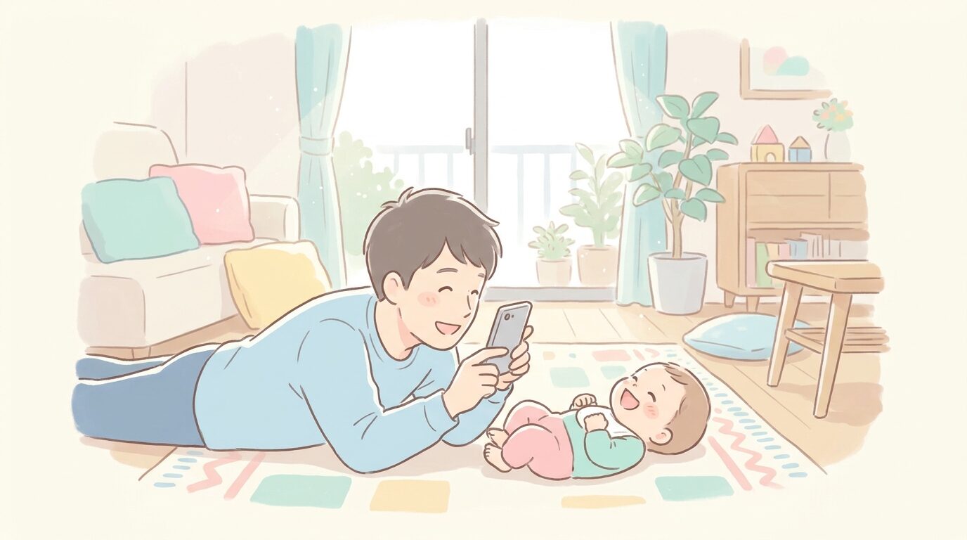 床に寝転んだ赤ちゃんと同じ目線でスマホを構えるパパ、リビングの自然光