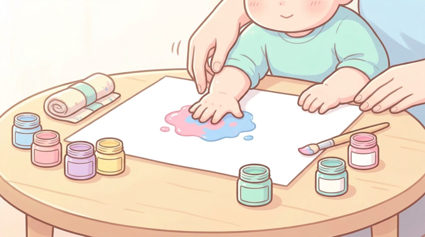 白い画用紙に赤ちゃんの小さな手形をカラフルな絵の具でとっている、優しい雰囲気のテーブルの様子