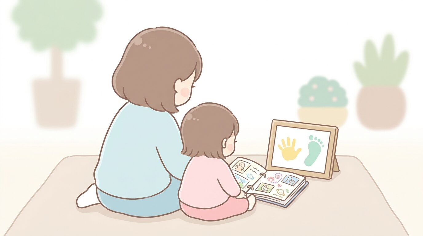 アルバムや手形アートを並べて、わが子の成長を笑顔で振り返る親子の後ろ姿