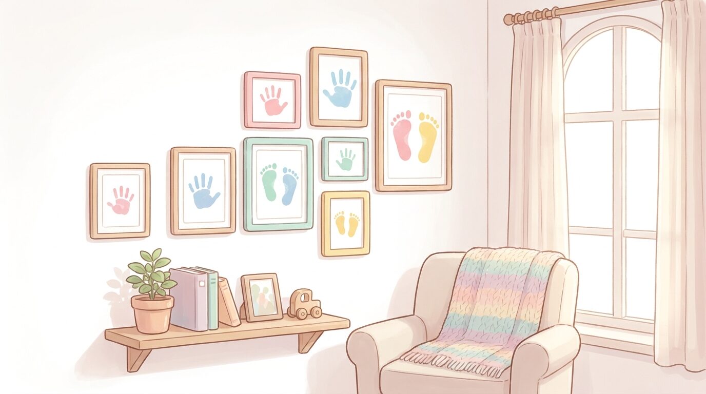 リビングの壁に毎年作った手形足形アートを並べて飾っている、ナチュラルで温かみのある部屋