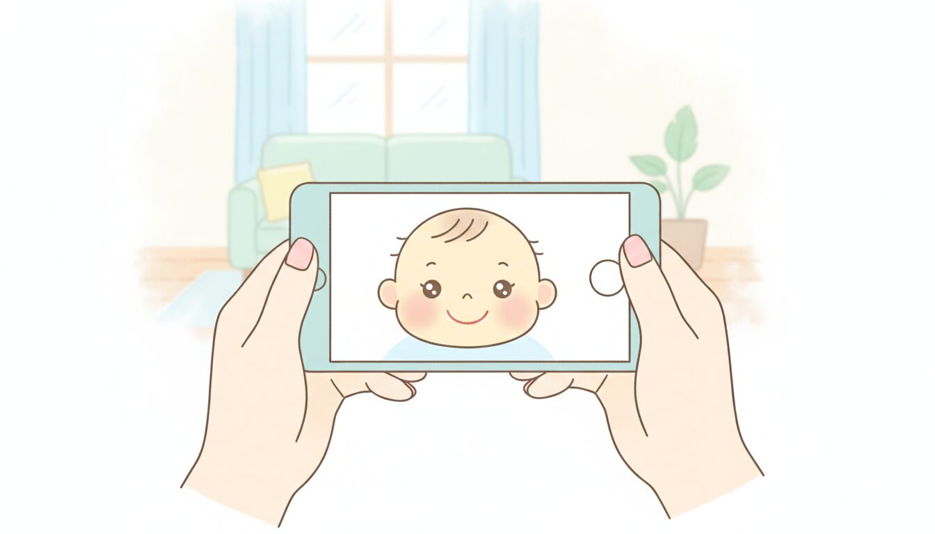 スマホで笑顔の赤ちゃんを撮影する若いママの手元、明るいリビングの雰囲気