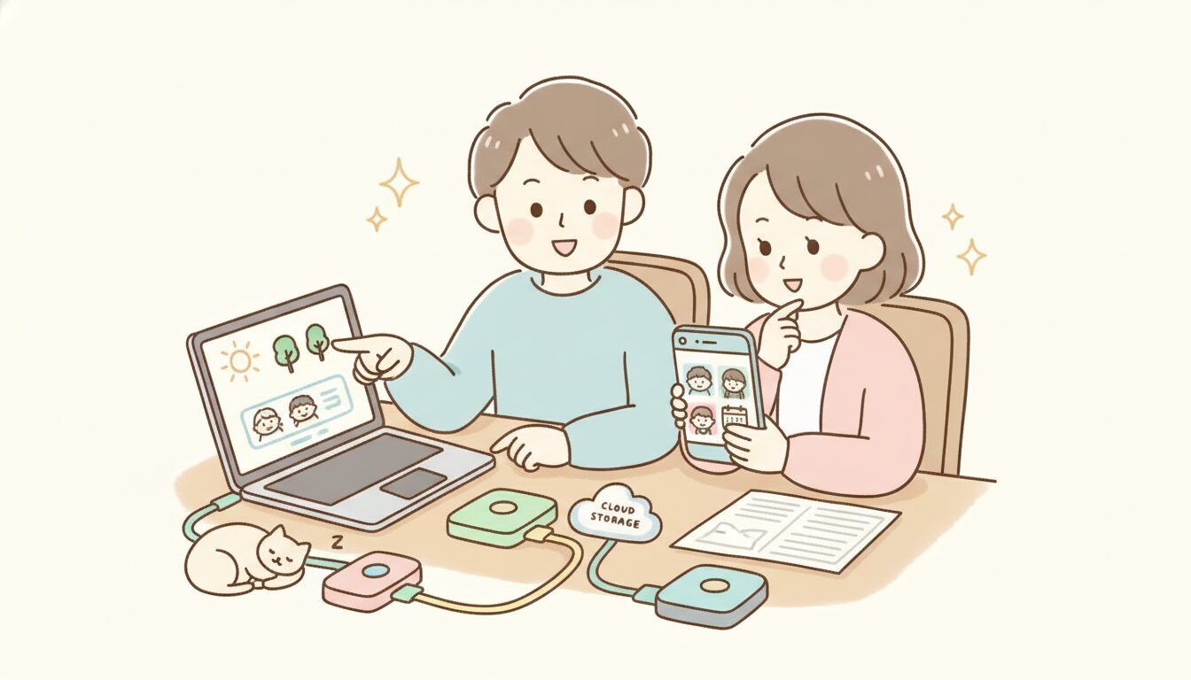 テーブルの上でノートパソコンとスマホを並べて家族の動画を整理する30代の夫婦