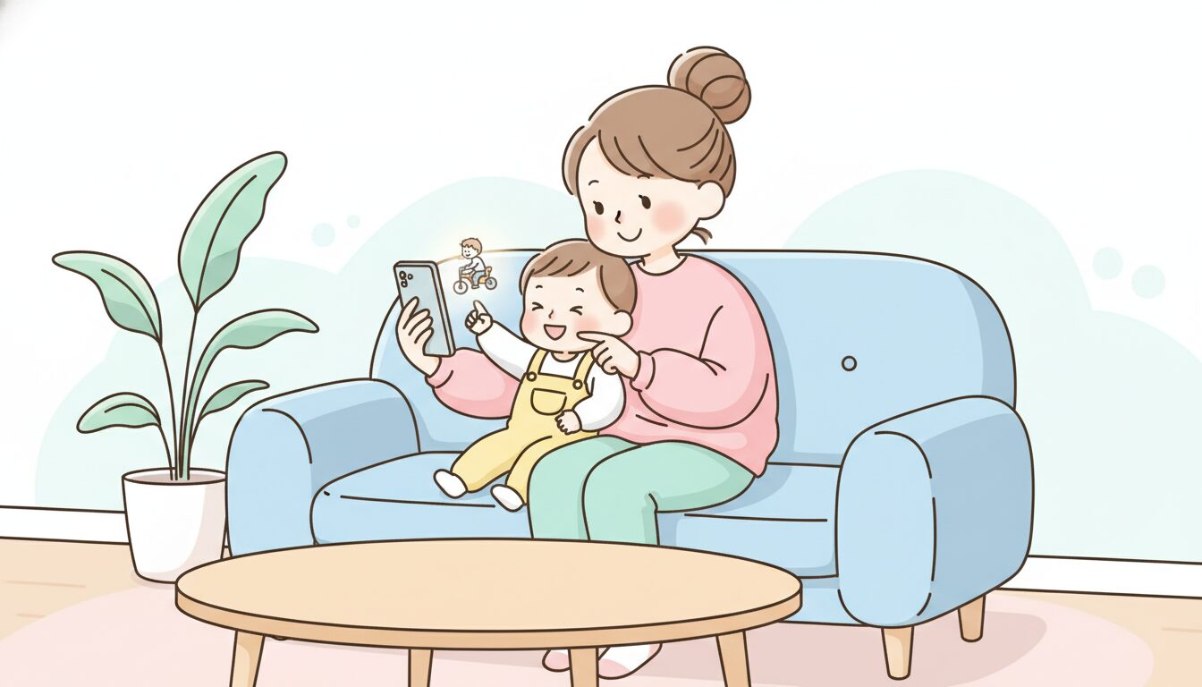 ソファでスマホを見ながら子どもの成長動画を笑顔で見返す母親と幼児