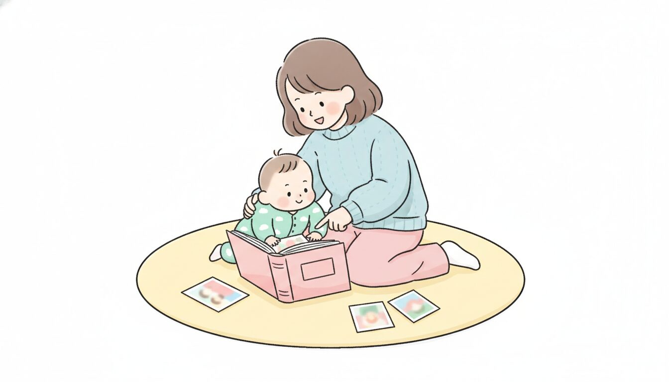 床に座って子どもと一緒にめくった写真アルバムを笑顔で眺める母親と1歳くらいの赤ちゃん