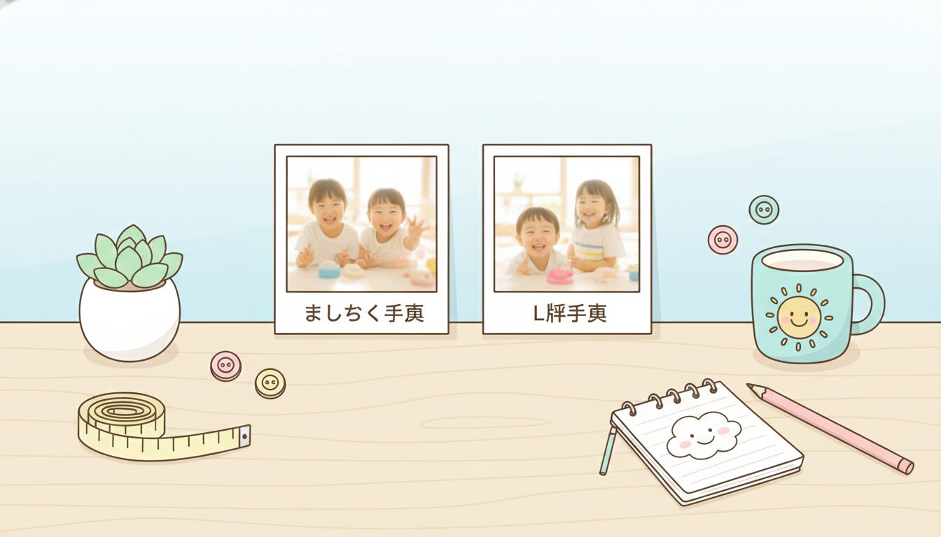 ましかく写真とL判写真を並べて見比べる、ナチュラルな雰囲気のデスクまわり