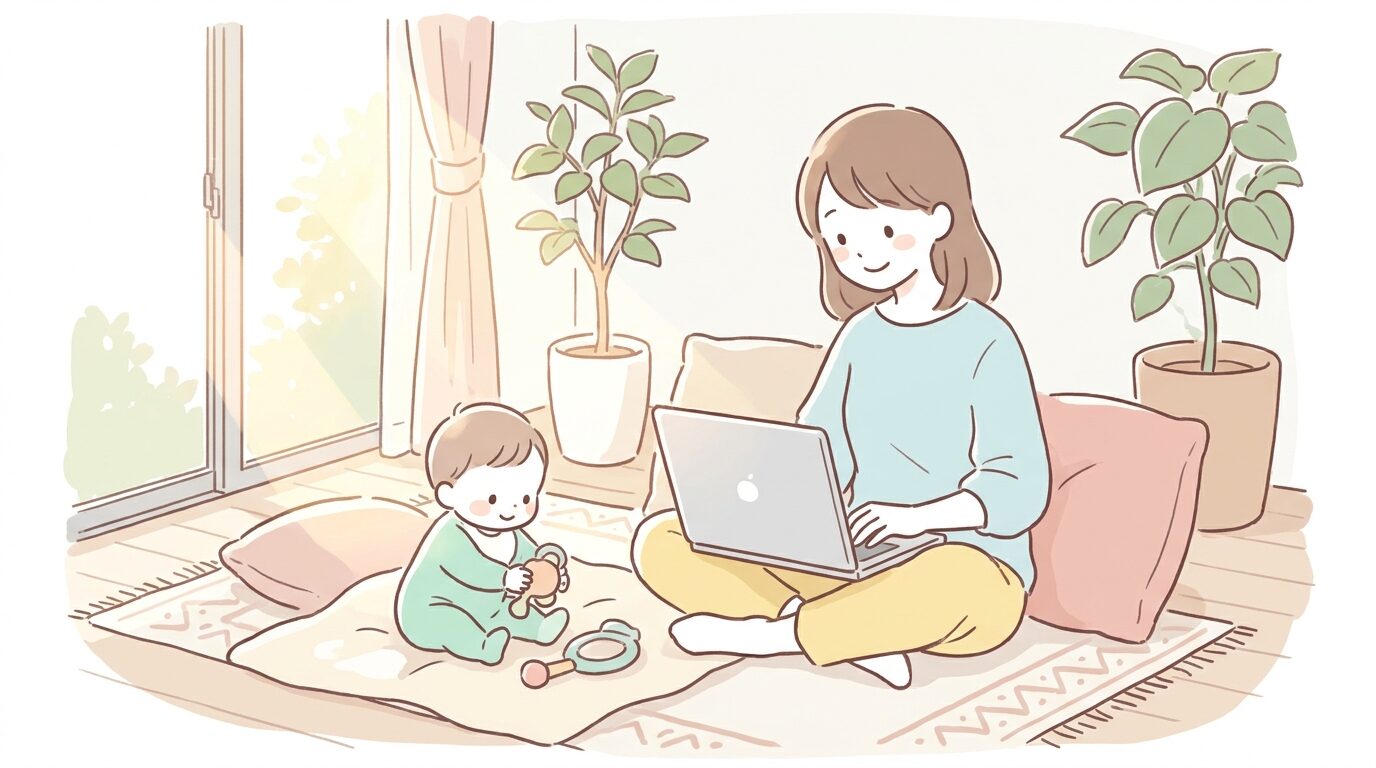 リビングの床に座る赤ちゃんのそばで、ノートパソコンを開いて笑顔で作業する母親。柔らかな自然光が差し込む温かい雰囲気