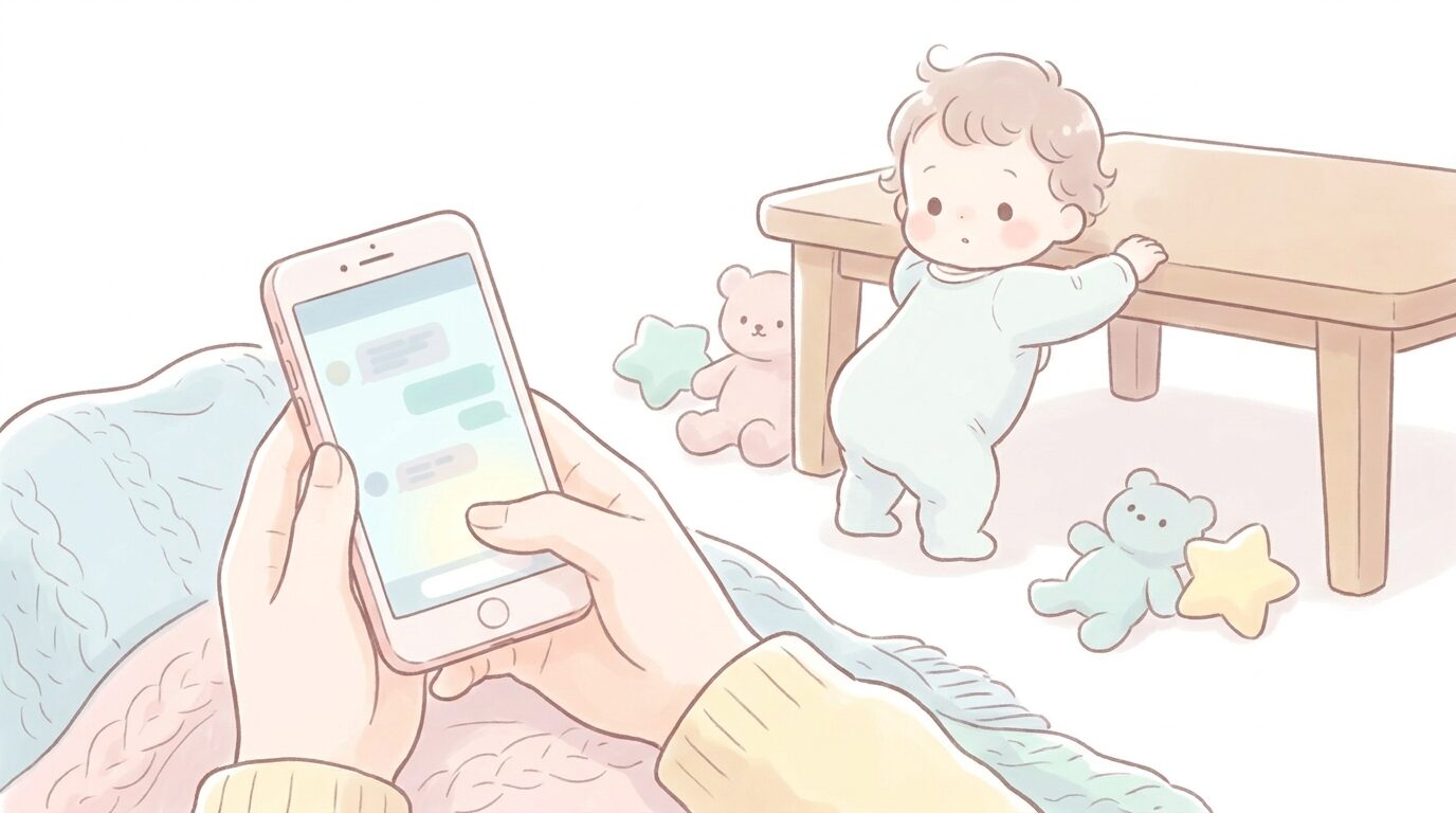 つかまり立ちをする1歳前後の赤ちゃんと、その様子を見守りながらスマートフォンでメッセージを確認する親の手元