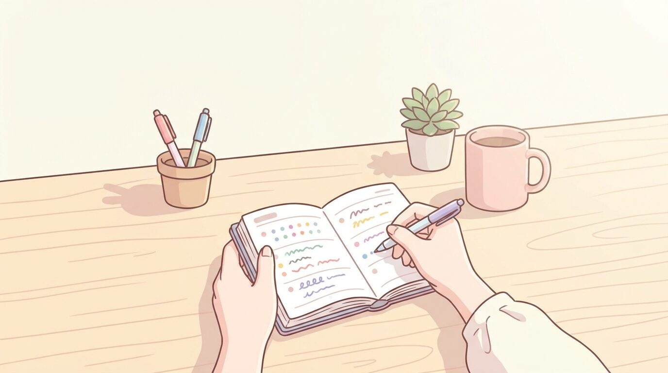 手帳に色分けしてToDoリストを書き込む女性の手元と、テーブルに置かれたコーヒーカップのある落ち着いた朝の風景