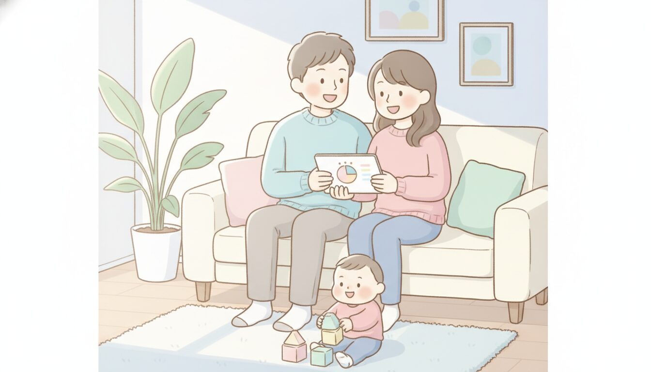 リビングで笑顔で話し合う30代の夫婦と、そばで遊ぶ1歳くらいの子ども。やわらかい自然光の差し込む温かい雰囲気