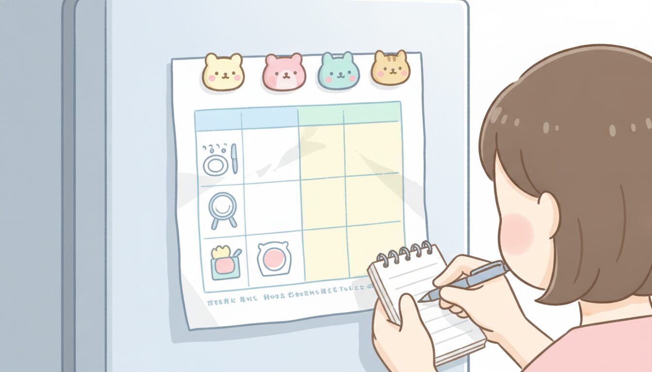 冷蔵庫に貼られた手書きの家事分担表とマグネット、そばにメモを取る親の手元のクローズアップ