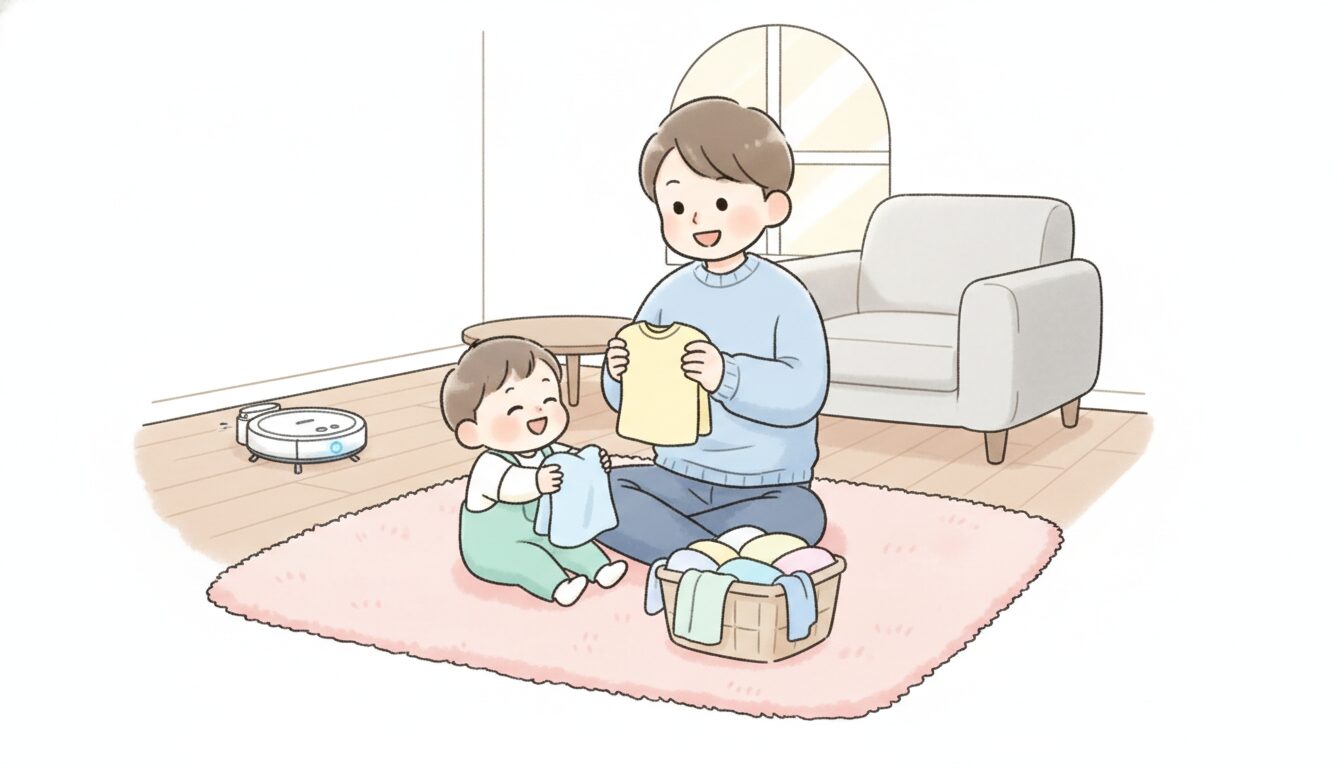 ロボット掃除機が動くリビングで、子どもと一緒に洗濯物をたたむ父親の楽しそうな様子