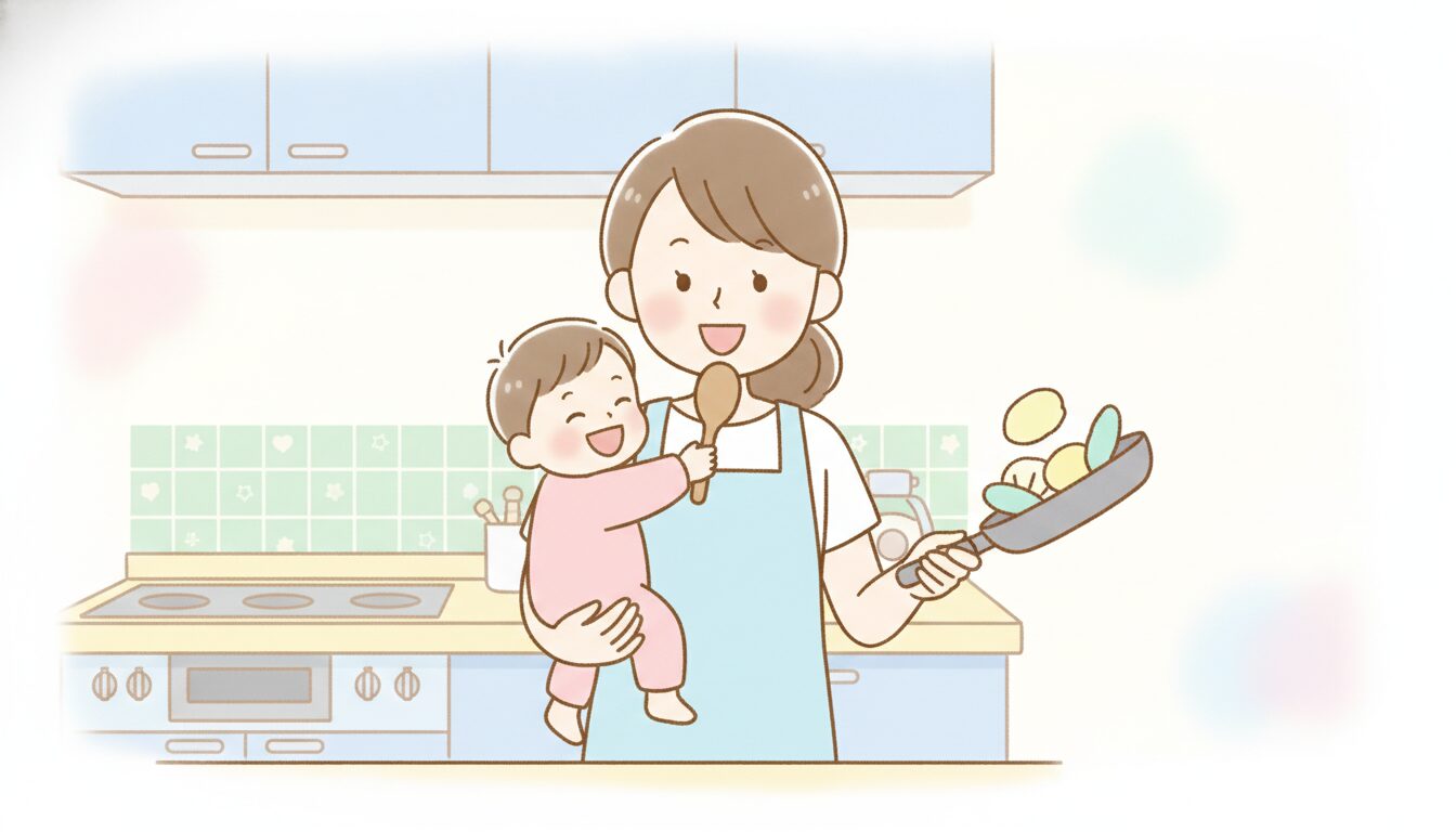キッチンで子どもを抱っこしながら片手でフライパンを使い、笑顔で料理する30代の女性