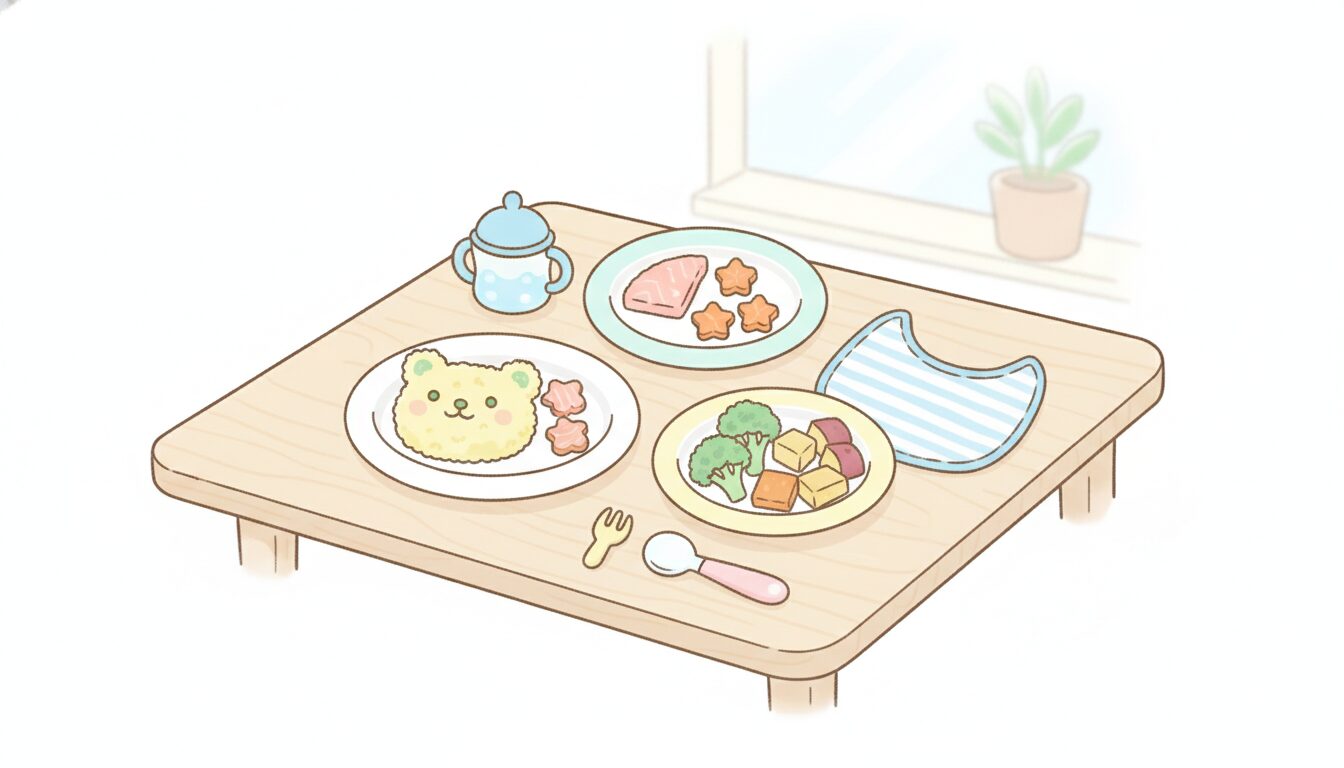 木のテーブルに並んだカラフルな幼児向けの取り分けごはんと小さな子ども用の食器