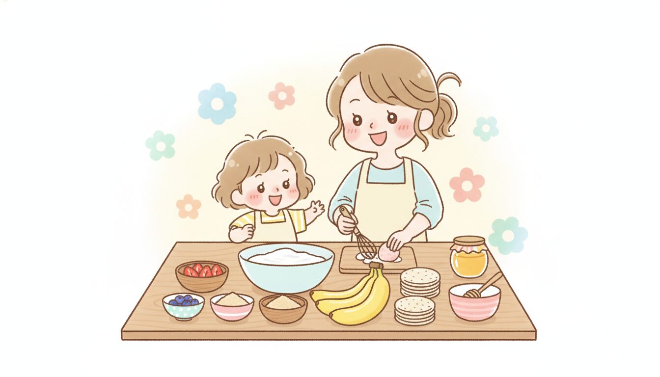 木のテーブルに並んだヨーグルトやバナナ、きな粉など手作りおやつの材料と笑顔の親子