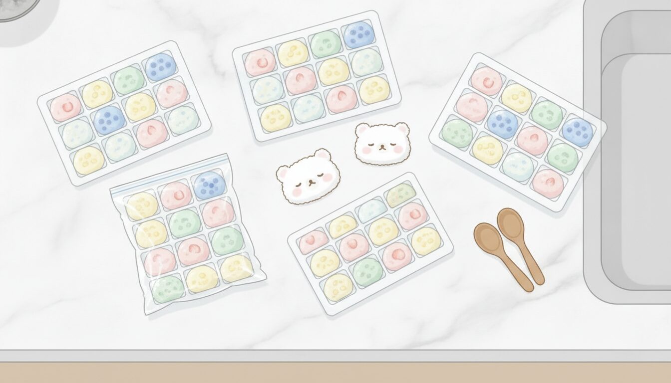 製氷皿やフリーザーバッグに小分けされた色とりどりの離乳食ストック、清潔感のあるキッチンの俯瞰