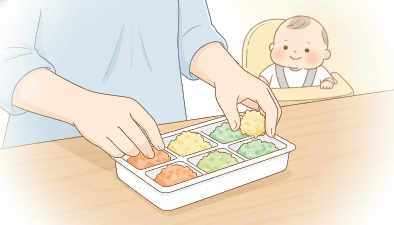 にんじん・かぼちゃ・ほうれん草など下ごしらえした野菜を製氷皿に詰める女性の手元、あたたかい雰囲気