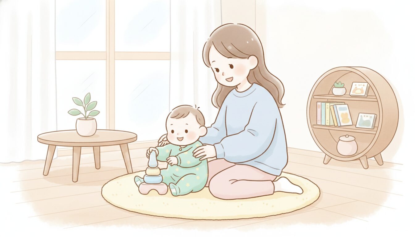 明るいリビングの一角でお母さんと一緒に床に座り、木のおもちゃで遊ぶ1歳くらいの赤ちゃんの様子