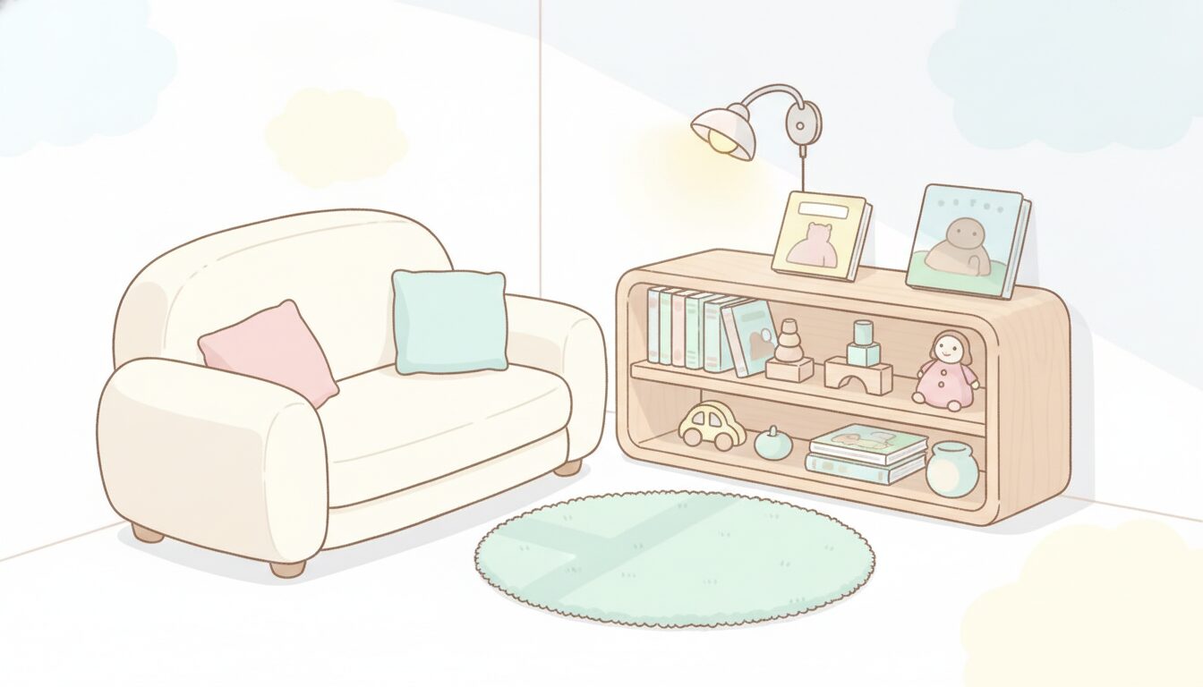 ソファの近くに置かれた低い棚に絵本やおもちゃが整理されている、片付いたリビングの学習コーナー