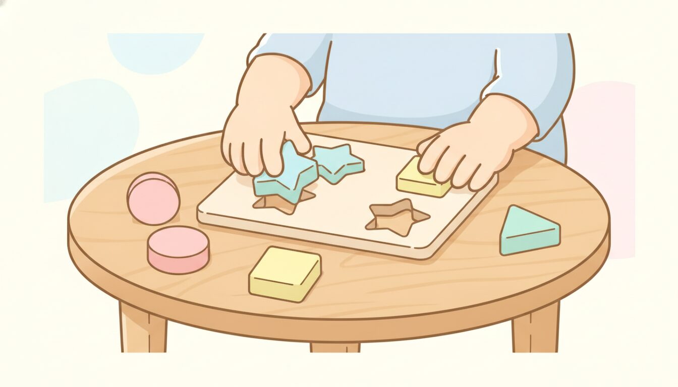 低いテーブルで型はめパズルに夢中になって取り組む2歳くらいの子どもの手元のアップ