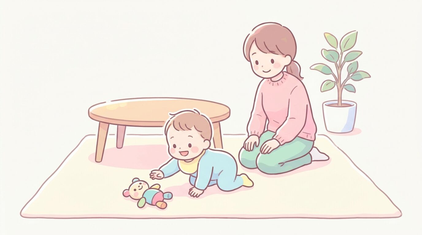 リビングの床でハイハイしながら笑顔で何かに手を伸ばす生後10か月ほどの赤ちゃん、後ろで優しく見守る母親
