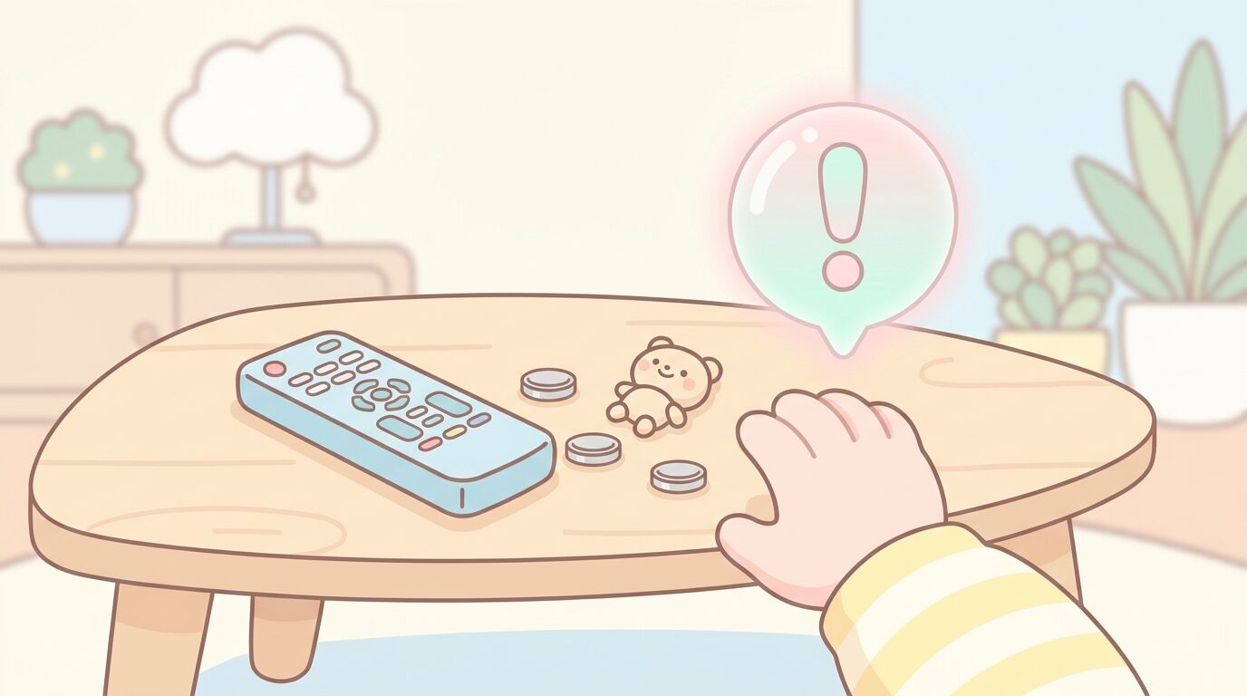 テーブルの上に置かれたボタン電池やリモコン、手前に手を伸ばそうとする幼児の手元、注意を促すイメージ