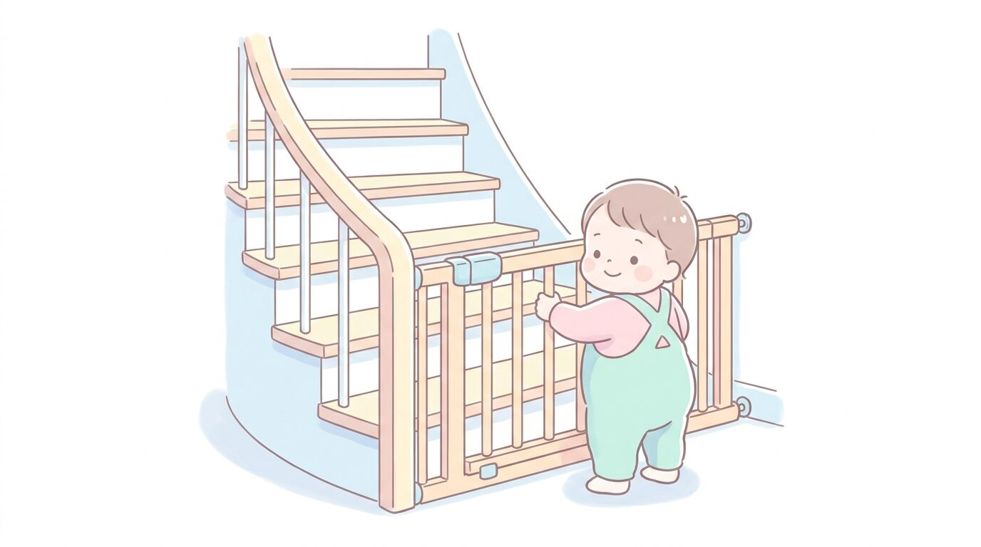 階段の入り口に設置されたベビーゲート、その手前で立ち上がってつかまる1歳ごろの子ども
