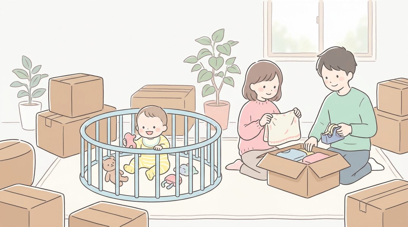 段ボールに囲まれた部屋でベビーサークルの中で遊ぶ赤ちゃんと、笑顔で荷造りをする若い夫婦