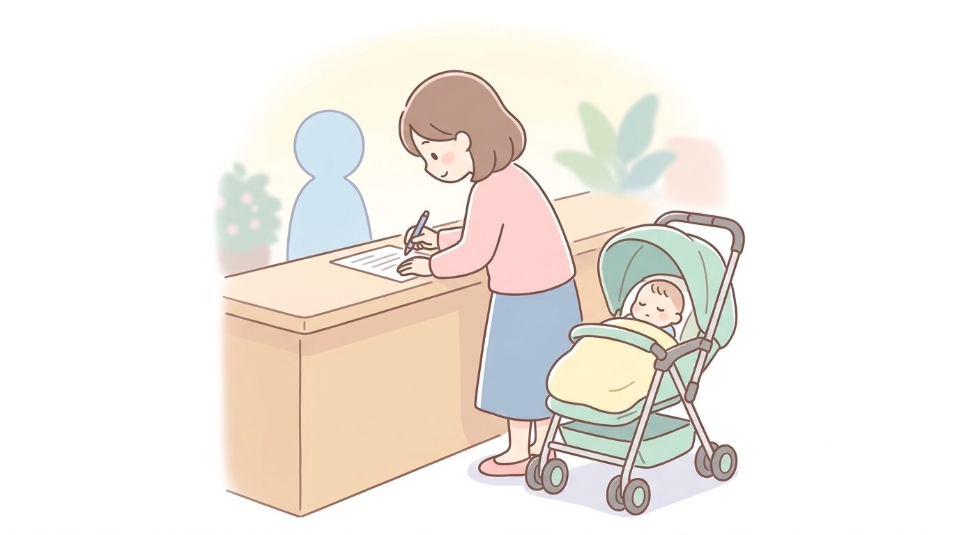 役所の窓口で書類を記入する母親と、ベビーカーの中で眠る赤ちゃん