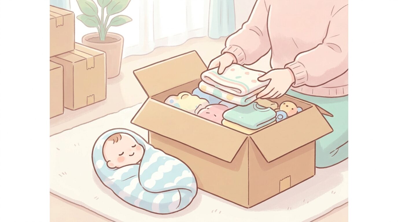 リビングで赤ちゃんがお昼寝している横で、静かにダンボールへ荷物を詰める母親の手元