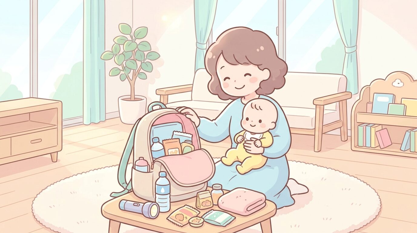 赤ちゃんを抱っこしながら防災リュックの中身を笑顔で確認する母親、明るいリビング