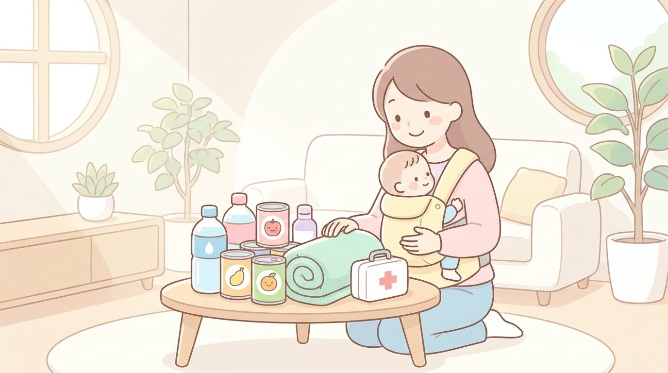 明るいリビングで赤ちゃんを抱っこしながら防災グッズをチェックする笑顔の母親