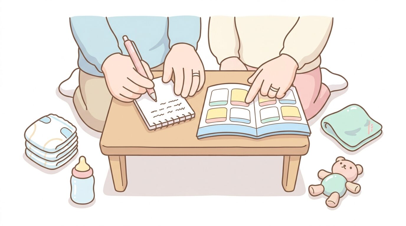 カレンダーを見ながら必要な備蓄量をメモする若い夫婦の手元