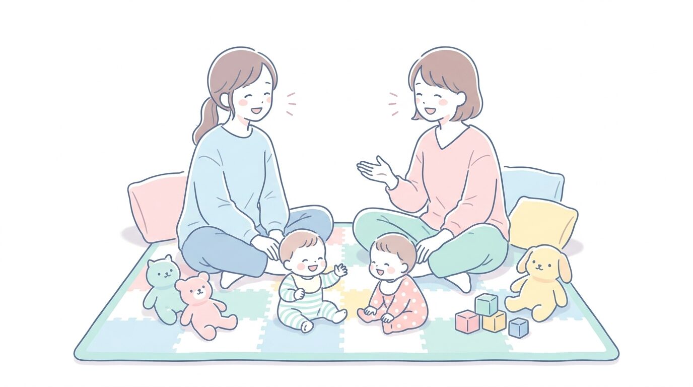 子育て支援センターのプレイマットの上で、赤ちゃんを見守りながら笑顔で会話する2人の母親